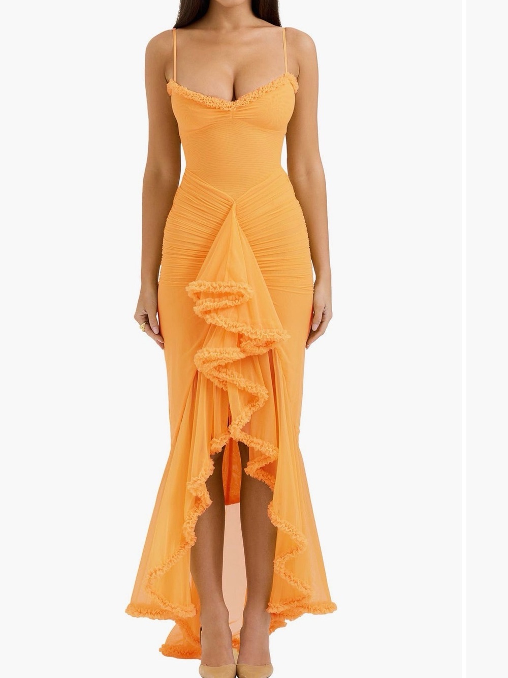 House of CB Gabbi Marigold Ruffle-Front High-Low Slip Dress